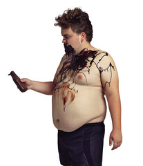 An overweight man covered in chocolate sauce isolated on a PNG background.