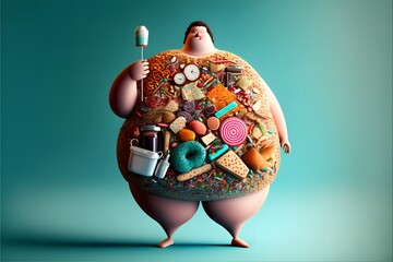 An obese person represents the rising concern of obesity and diabetes in the world. - obrazy, fototapety, plakaty