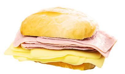 Brazilian breakfast, french salt bread with mozzarella cheese and ham, tradition on brazil, white background, isolated
