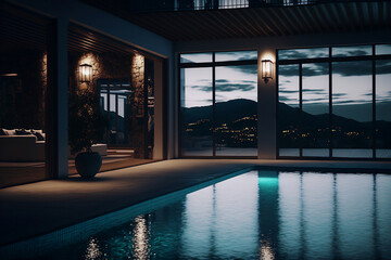 luxurious swimming pool in a spa hotel with large windows and a beautiful view at night