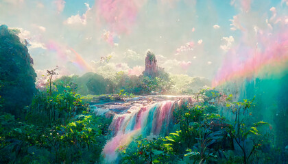 Fantasy anime landscape with rainbow waterfall. AI - obrazy, fototapety, plakaty