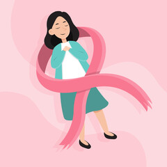 Breast Cancer Awareness Month symbol. Vector illustration with female and pink ribbon isolated. International health campaign for woman in October.