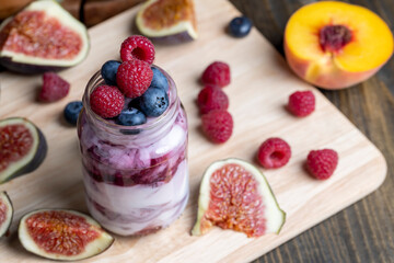 Fresh delicious milk yogurt with raspberry flavor