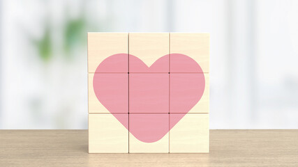 The wood cube and pink heart for valentine or love concept 3d