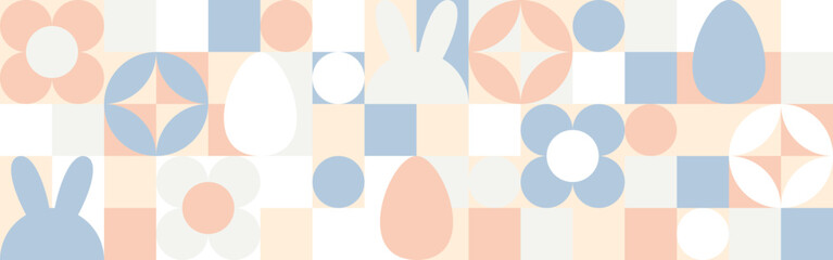 Cover templates for the spring holiday of Easter with a seamless texture of circles and squares. Mosaic with geometric shapes in the style of a Scandinavian pattern, colorful trendy background with eg