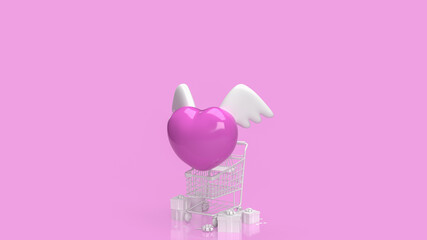 The pink heart and white wing white supermarket cart and gift box on pink background 3d rendering