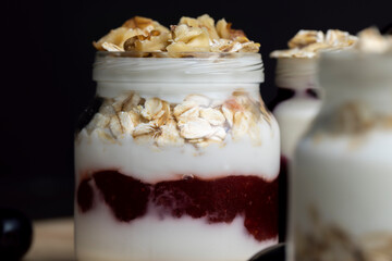 Fresh delicious yogurt made from milk with walnuts