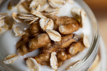 yogurt made from milk with walnuts and muesli