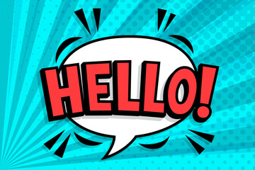 HELLO! Comics book abstract background. wording in comic speech bubble in pop art style on burst background