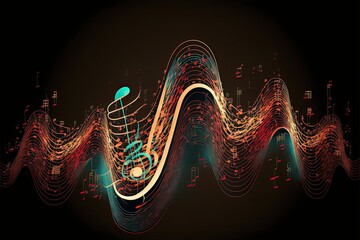 Fototapeta na wymiar Wave lines trails flowing dynamic in different color isolated on black background. musical key and note. Abstract futuristic background, digital sound design concept. Generative ai