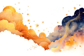 Watercolor illustration of starry night sky with clouds and stars in sunset colors of yellow, orange, gold glitter and blue indigo with copy space generative AI art	