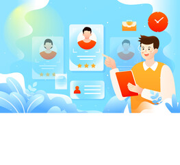 Recruiters of the company are looking for employees, against the background of various data and indicators, vector illustration