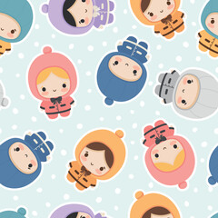 cute girl and boy character, kawaii cartoon dawn, seamless pattern for nursery, bedroom, vector illustration background