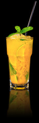 Fresh cocktail with orange juice and lime on black background