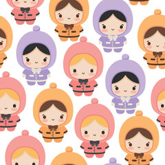 cute girl and boy character, kawaii cartoon dawn, seamless pattern for nursery, bedroom, vector illustration background