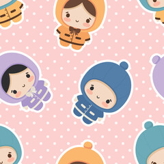 cute girl and boy character, kawaii cartoon dawn, seamless pattern for nursery, bedroom, vector illustration background