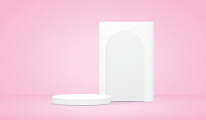 white minimal podium display with arch signboard 3d illustration vector on sweet pastel background for putting object © PPO