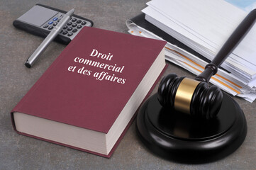 Concept de droit commercial et des affaires avec un livre et un marteau de juge