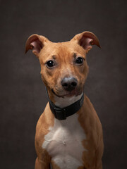 portrait of a beautiful dog on a brown canvas. Mix of breeds. Pet in the studio, artistic photo on the background