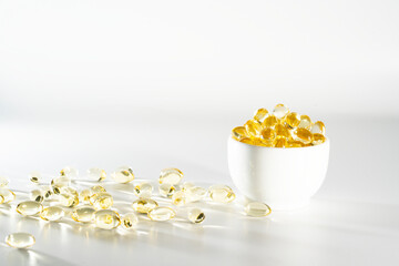 Vitamin D, omega 3, omega 6, Food supplement oil filled fish oil, vitamin A, vitamin E, flaxseed...
