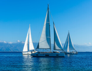 Plakat sailing yacht boats with white sails in blue sea , seascape of beautiful ships in sea gulf with mountain coast on background