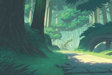 Green fantasy forest illustration peaceful digital art. Generative AI.