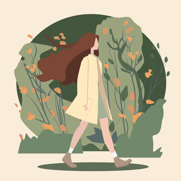 Women's day concept. Beautiful woman walks among flowers and trees in the park. 