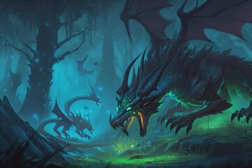 Fototapeta na wymiar Dragon in the fantasy deep forest illustration. Generative AI.