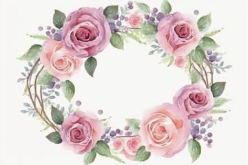 Roses sweet circle wreath isolated on white background in watercolour style. Generative AI.