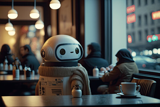Cute robot having coffee inside a coffee shop at sunrise. Generative AI