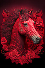Chinese zodiac red horse head and red flower design
