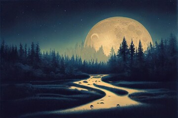 Landscape with Moon Illustration. Genarative AI