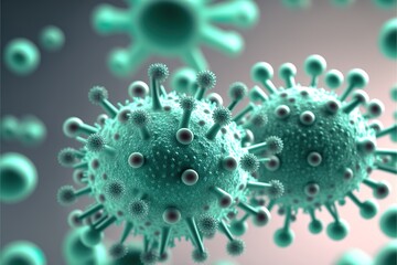 Coronavirus 3D render, COVID-19 pandemic. Horizontal banner concept with green viruses. 3D illustration with microscopic bacteria and viruses.