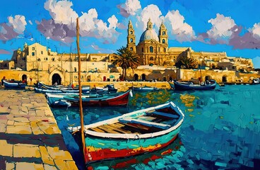 oil painting style illustration of cityscape view inspired from Marsaxlokk, Malta Generative Ai - obrazy, fototapety, plakaty