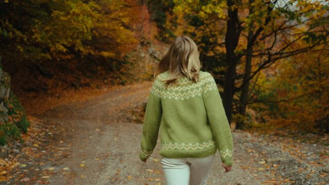 Young woman in traditional sweater in fall forest. Girl turn around, smile and laugh. Cozy walk on warm day. Joy of life and nature landscape. Travel on vacation.