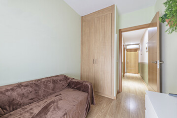 Room with a sofa bed covered by a brown velvet fabric and a built-in wardrobe with oak doors