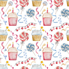 Happy Birthday cupcake watercolor illustration