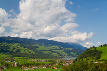 Fototapeta premium Panoramic view of lake Sempachersee, Swiss Alps, Switzerland