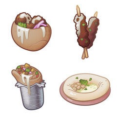 2d illustration of several middle eastern street foods