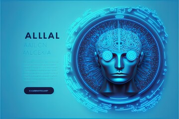 I in a neon blue circle. Abstract futuristic digital and technology on light blue color background. Artificial Intelligence (AI) landing page. Website template for deep learning concept