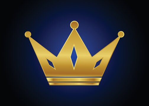Gold crown logo symbol on blue background. Royal king icon. Modern luxury brand element sign. Golden royal jewelry symbol