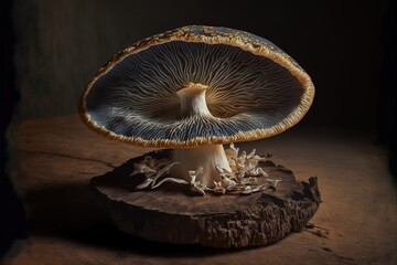 Single Shitake mushroom growing on substrate in fungi farm - obrazy, fototapety, plakaty