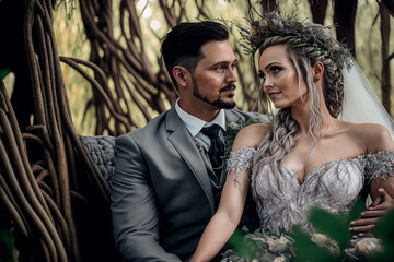 Wedding Photography: A Mystical Scene of a Bride and Groom Sitting on a Throne of Nature, with a Lace Gown and Suit, Surrounded by Tall Trees and Lush Foliage - AI Generated