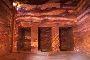 Ancient city of Petra, Jordan - Interior of an rock-cut tomb from multicoloured sandstone.