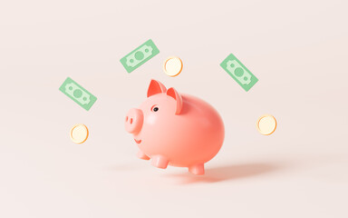 Scattered gold coins and piggy bank in the pink background, 3d rendering.