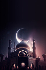 Close Up of Mosque With Realistic Crescent Moon In Starry Night. Islamic Religious Concept. 3D Render. - obrazy, fototapety, plakaty