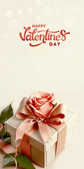 Fototapeta na wymiar Happy Valentine's Day Text With 3D Render Of Soft Color Gift Box With Rose.
