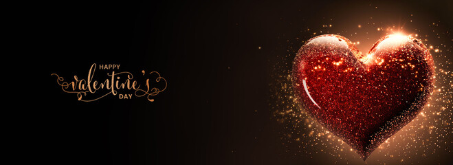 Happy Valentine's Day Text With 3D Render Of Shiny Red Glittery Heart Shape On Golden Light Background.