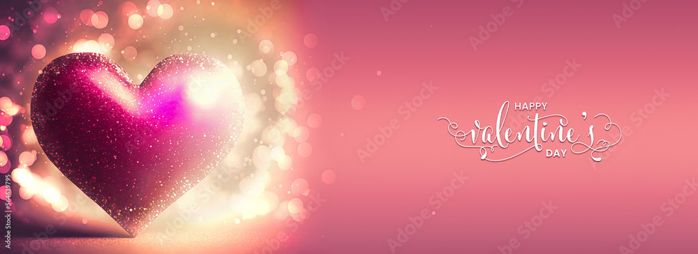 Sticker Happy Valentine's Day Text With 3D Render Of Shiny Pink Glittery Heart Shape On Bokeh Background.