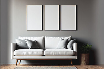 Three Blank Picture Frames Mockup on Gray Wall with Modern Scandinavian Rustic Living Room Design